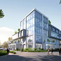 Modern Commercial Street With Glass Curtain Wall Greenery And Pedestrians In Open Space