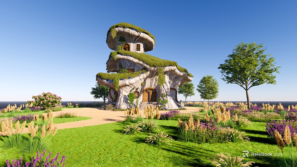 Mushroom Shaped House With Green Roof Surrounded By Grass Trees Flowers And Blue Sky 3d model 