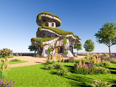 Mushroom Shaped House With Green Roof Surrounded By Grass Trees Flowers And Blue Sky 3d model