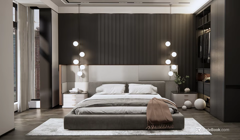 Modern Bedroom Interior With Dark Wooden Walls Grey Bed Pendant Lights And Area Rug 3d model 