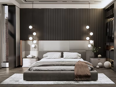 Modern Bedroom Interior With Dark Wooden Walls Grey Bed Pendant Lights And Area Rug 3d model