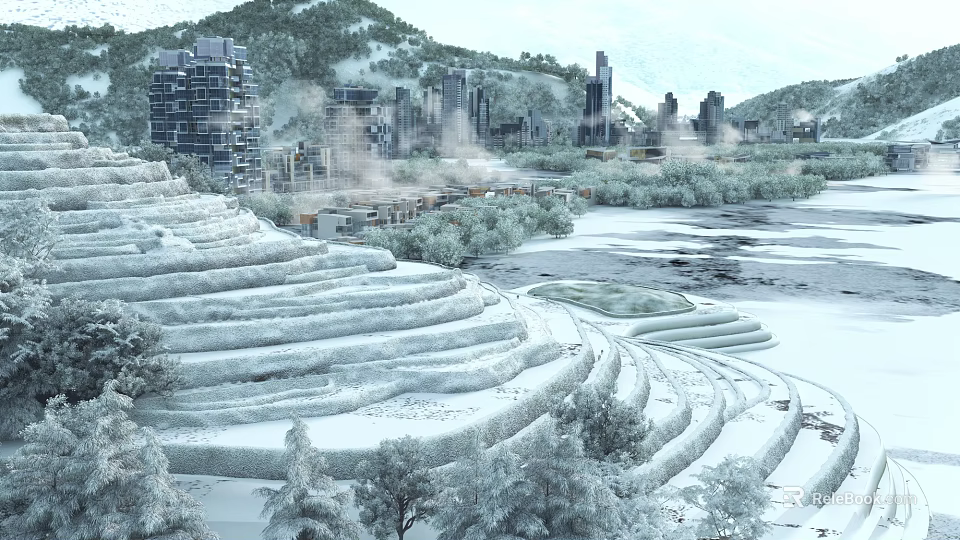Snow Covered Terraced Landscape With City Skyline Mountain And Winter Trees 3d model 