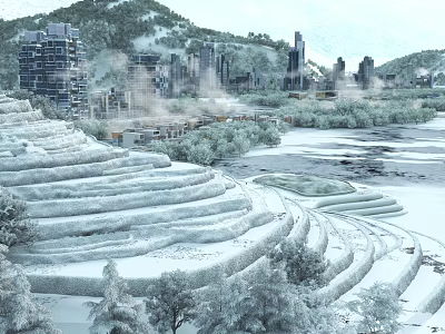 Snow Covered Terraced Landscape With City Skyline Mountain And Winter Trees 3d model