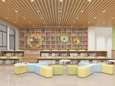 Library Interior Design With Bookshelves And Colorful Seating 3d model