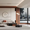 Modern Living Room Interior With White Wooden Walls Circular Decor Beige Sofa And Floor Lamp