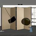 Modern Beige Room Divider Screen With Black Decorative Patterns And Green Fern Plant