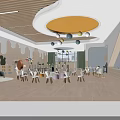 Bright Kindergarten Interior Design With Wooden Ceiling Yellow Lamp And Colorful Pendant Lights