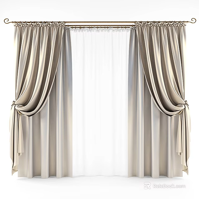 Elegant Draped Curtains With Sheer Middle Panel And Ribbon Ties For Home Decor 3d model 