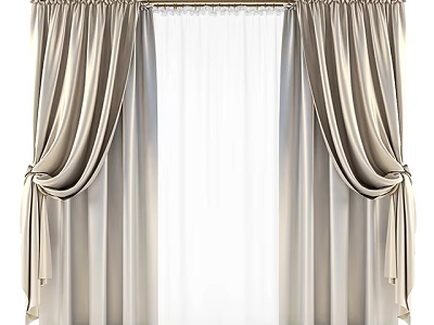 Elegant Draped Curtains With Sheer Middle Panel And Ribbon Ties For Home Decor 3d model