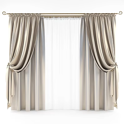 Elegant Draped Curtains With Sheer Middle Panel And Ribbon Ties For Home Decor 3d model