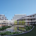Modern Hospital Buildings Campus Layout With Green Spaces Parking Areas And Water Features