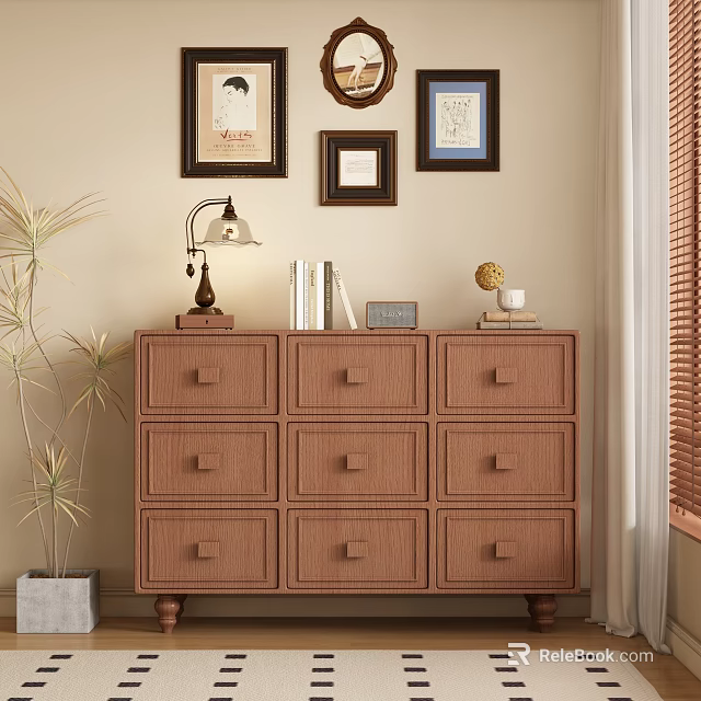 Brown Hallway Sideboard Cabinet with Multiple Drawers Table Lamp Books and Wall Art Decor 3d model 