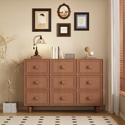 Brown Hallway Sideboard Cabinet with Multiple Drawers Table Lamp Books and Wall Art Decor 3d model