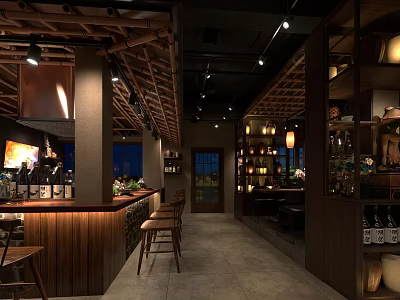 Traditional Japanese Restaurant Interior Featuring Wooden Bar Counter Cozy Seating And Warm Lighting 3d model