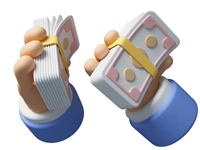 Two Hands Holding Bundles of Cash Secured with Yellow Straps and Colored Notes 3d model