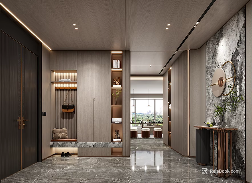 Modern Foyer Hallway Design With Wooden Storage Marble Bench And Hooks 3d model 