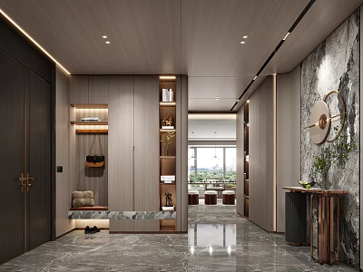 Modern Foyer Hallway Design With Wooden Storage Marble Bench And Hooks 3d model