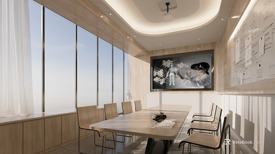 Hospital Outpatient Clinic Medical Meeting Room With Long Wooden Table Chairs Large Screen And Windows 3d model 