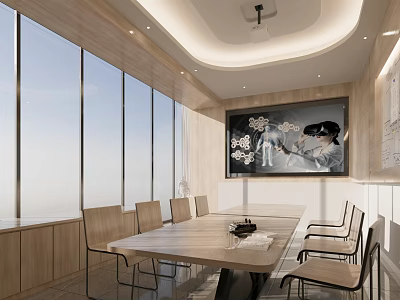 Hospital Outpatient Clinic Medical Meeting Room With Long Wooden Table Chairs Large Screen And Windows 3d model