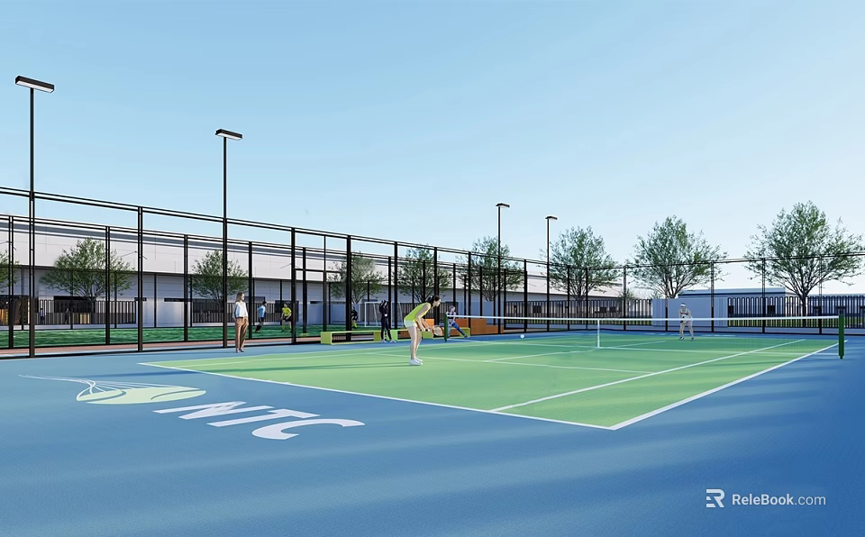 Outdoor Tennis Court With Blue Surface White Lines NTC Logo Fence Light Poles And Trees 3d model 