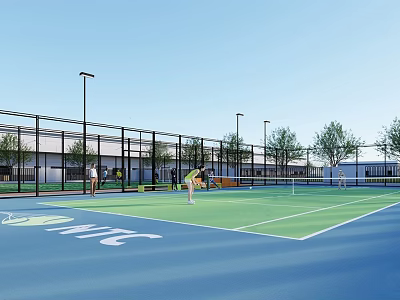 Outdoor Tennis Court With Blue Surface White Lines NTC Logo Fence Light Poles And Trees 3d model