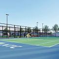 Outdoor Tennis Court With Blue Surface White Lines NTC Logo Fence Light Poles And Trees