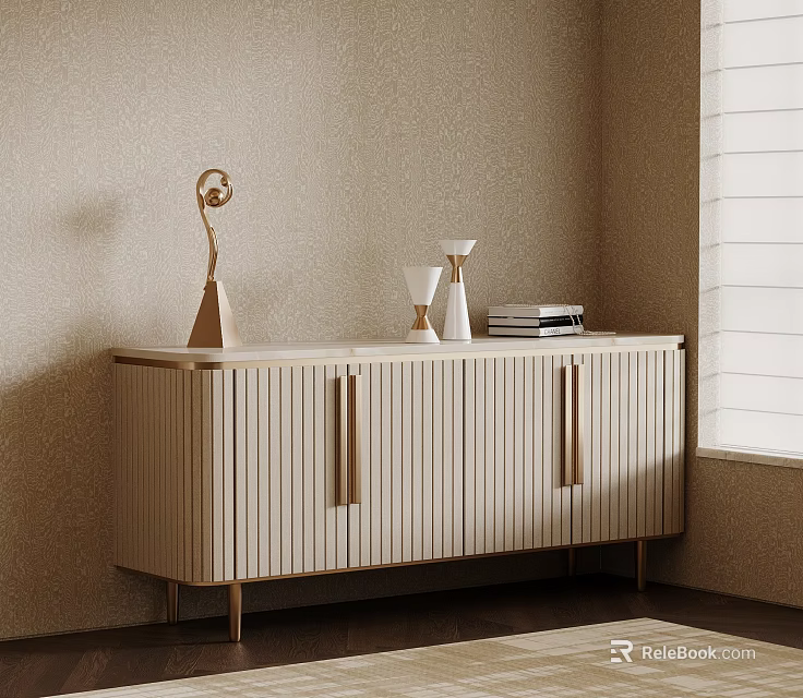 Modern Luxury Entryway Side Cabinet With Fluted Doors Marble Top And Golden Hardware 3d model 