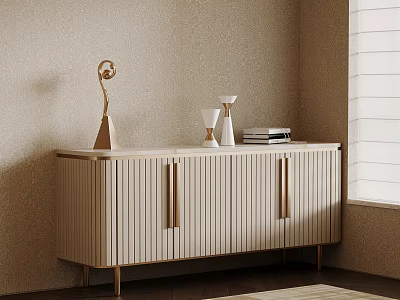Modern Luxury Entryway Side Cabinet With Fluted Doors Marble Top And Golden Hardware 3d model