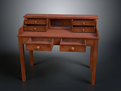 Traditional Brown Wooden Desk With Multiple Drawers And Brass Handles 3d model