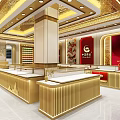 China Gold Luxury Jewelry Store Front With Golden Display Cases And Red Decor