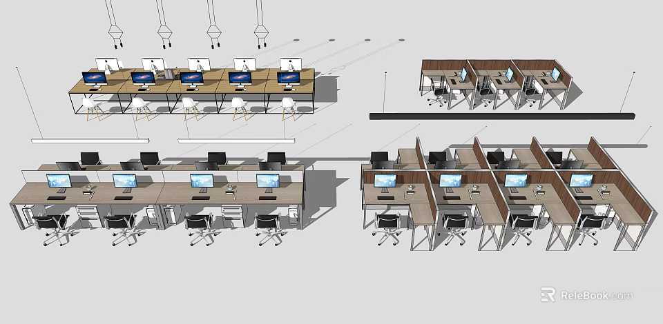 Modern Office Workspace Layout With Multiple Desks Computers And Ergonomic Chairs 3d model