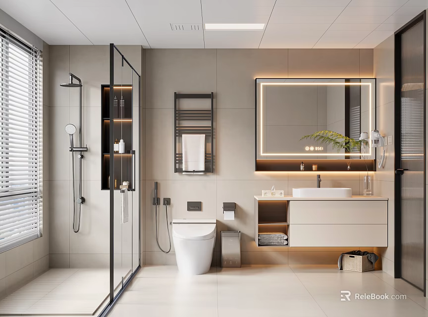 Modern Bathroom Interior With Open Shower Smart Toilet Marble Vanity Large Mirror And Green Plant 3d model 