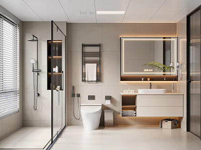 Modern Bathroom Interior With Open Shower Smart Toilet Marble Vanity Large Mirror And Green Plant 3d model