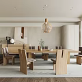 Modern Restaurant Interior Featuring Wooden Dining Table Chairs Pendant Light Decorative Art And Plants