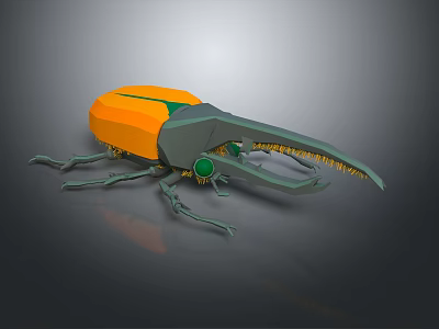 3D Beetle Model With Orange Body Green Eyes Long Mandibles And Gray Legs 3d model