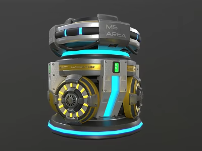 Futuristic Mechanical Tech Device With MS Area Destruction Label And Glowing Blue Yellow Lines 3d model