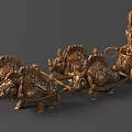 Bronze Sculpture Carving of Ancient Chariot with Ornate Horses and Intricate Details