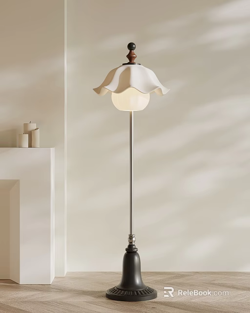 Stylish Floor Lamp With White Ruffled Shade And Side Decorative Elements 3d model 