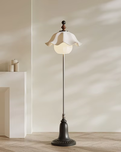 Stylish Floor Lamp With White Ruffled Shade And Side Decorative Elements 3d model