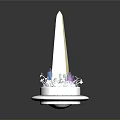 Tall Beige Obelisk Structure With Blue And Pink Decorative Elements On White Circular Base