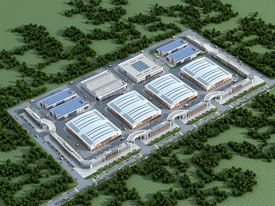 Aerial View Plan of Commercial Industrial Park With Greenery and Road Layout 3d model