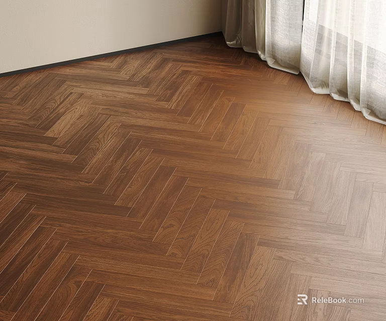 Herringbone Hardwood Flooring In Room With Light Wall And Curtains 3d model 