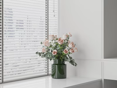 Pink Roses and Eucalyptus in Green Vase on White Countertop by Window with White Blinds 3d model