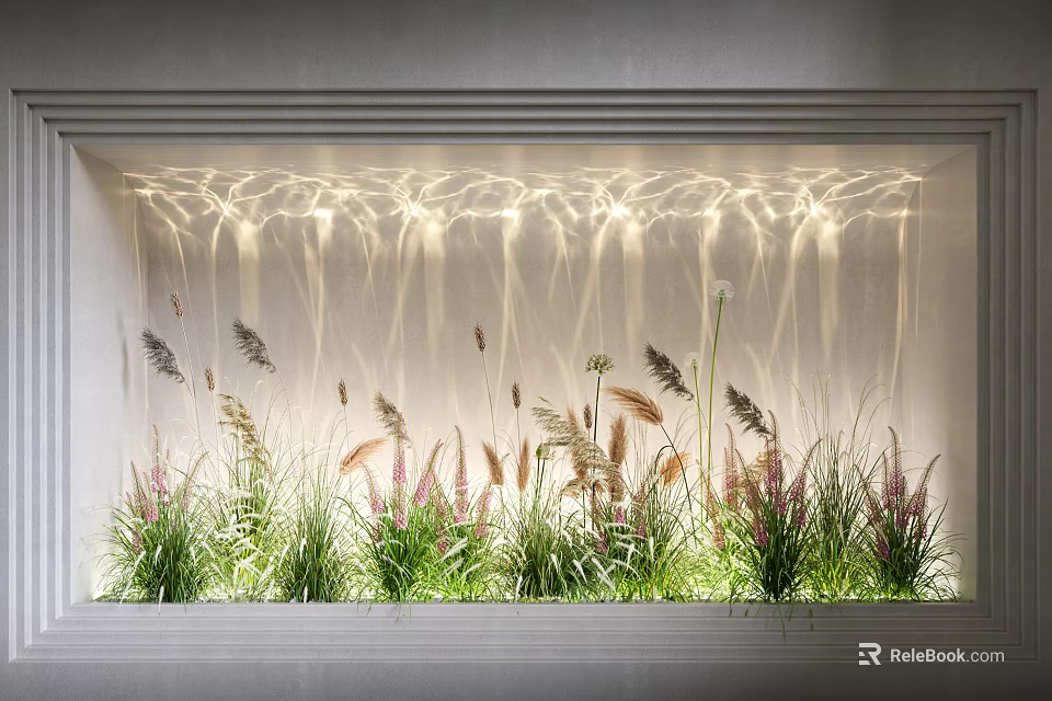 Water Ripple Light in Wall Niche with Flowing Lighting Effect and Green Pink Grass Plants 3d model 