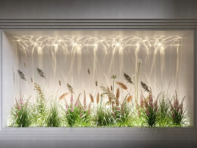 Water Ripple Light in Wall Niche with Flowing Lighting Effect and Green Pink Grass Plants 3d model