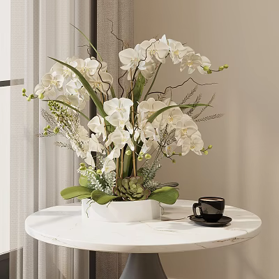 Bonsai Potted Plant with White Orchids Green Leaves in White Pot and Black Coffee Cup 3d model