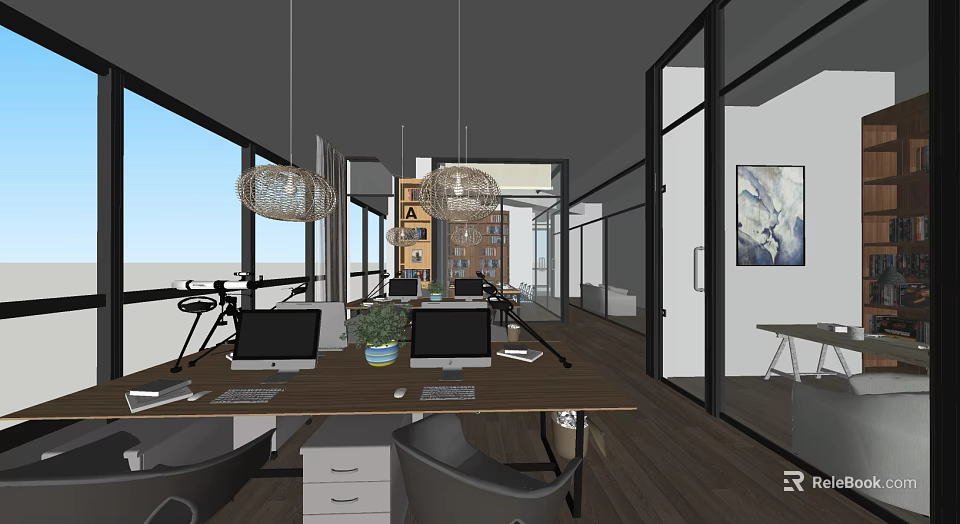 Modern Public Office Space With Wooden Desks Computers Green Plants Hanging Lights And Large Windows 3d model 