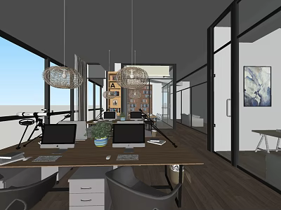 Modern Public Office Space With Wooden Desks Computers Green Plants Hanging Lights And Large Windows 3d model