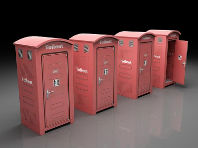 Red Portable Toilet Cabins Arranged In Row With Open And Closed Doors 3d model