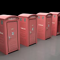Red Portable Toilet Cabins Arranged In Row With Open And Closed Doors